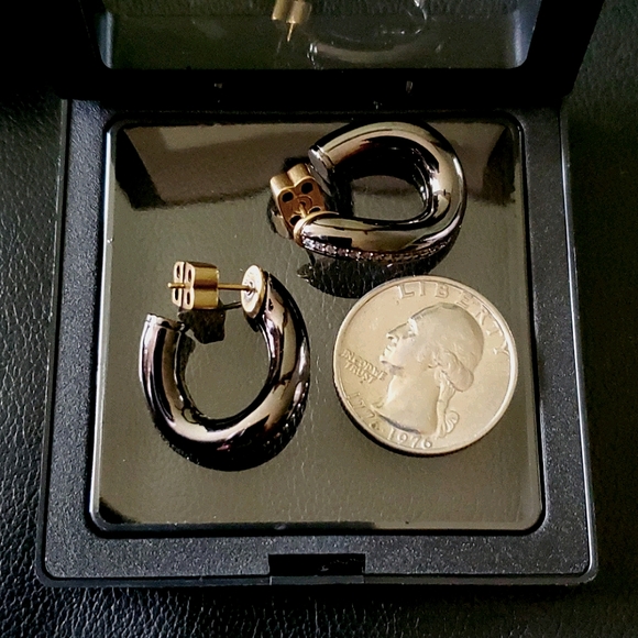 Curvy Pave Crystal Gunmetal Black Hoop Earrings - Picture 6 of 6